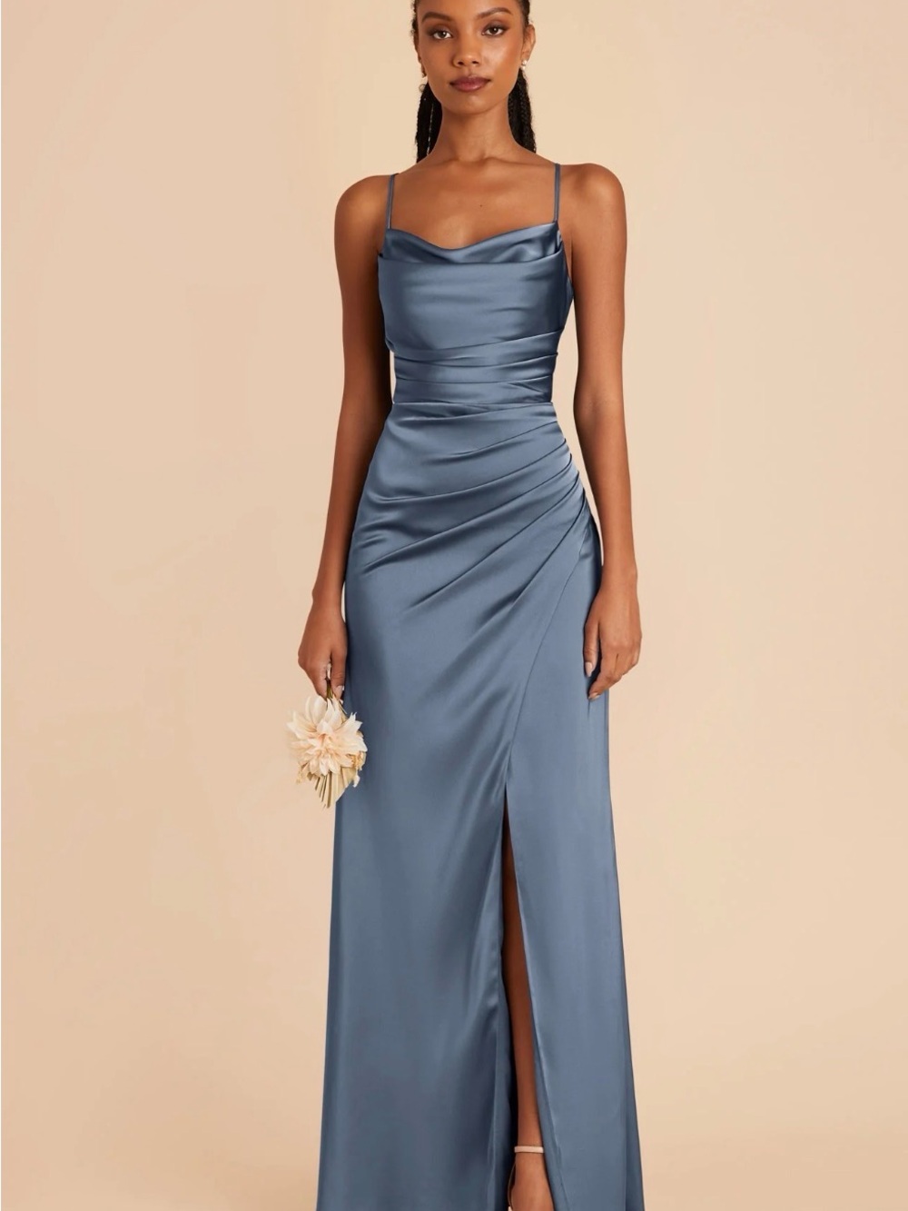 Birdy Grey Satin Cowl-Neck Maxi Dress in Steel Blue